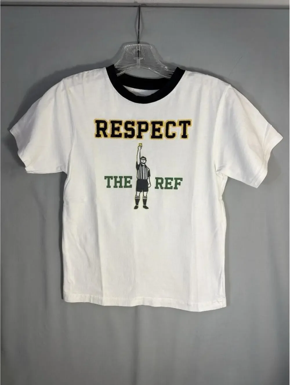 Vtg Gymboree 8Y Respect The Ref Soccer Ringer T Shirt White Cotton Embroidered